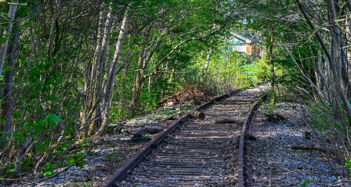 An old railway track running through green woodland near Krogager